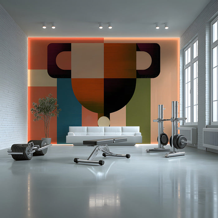 Graphic geometric wallpaper design featured in a gym space with clean lines and decor.