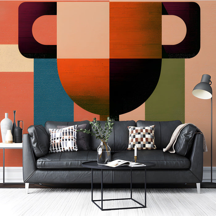 Geometric trophy mural installed behind a minimalist wooden desk in a modern home office.