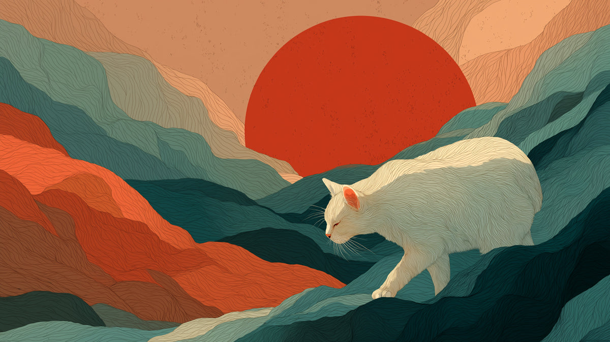Graphic landscape mural featuring a white cat walking through rolling mountains under a large terracotta sun
