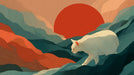Graphic landscape mural featuring a white cat walking through rolling mountains under a large terracotta sun