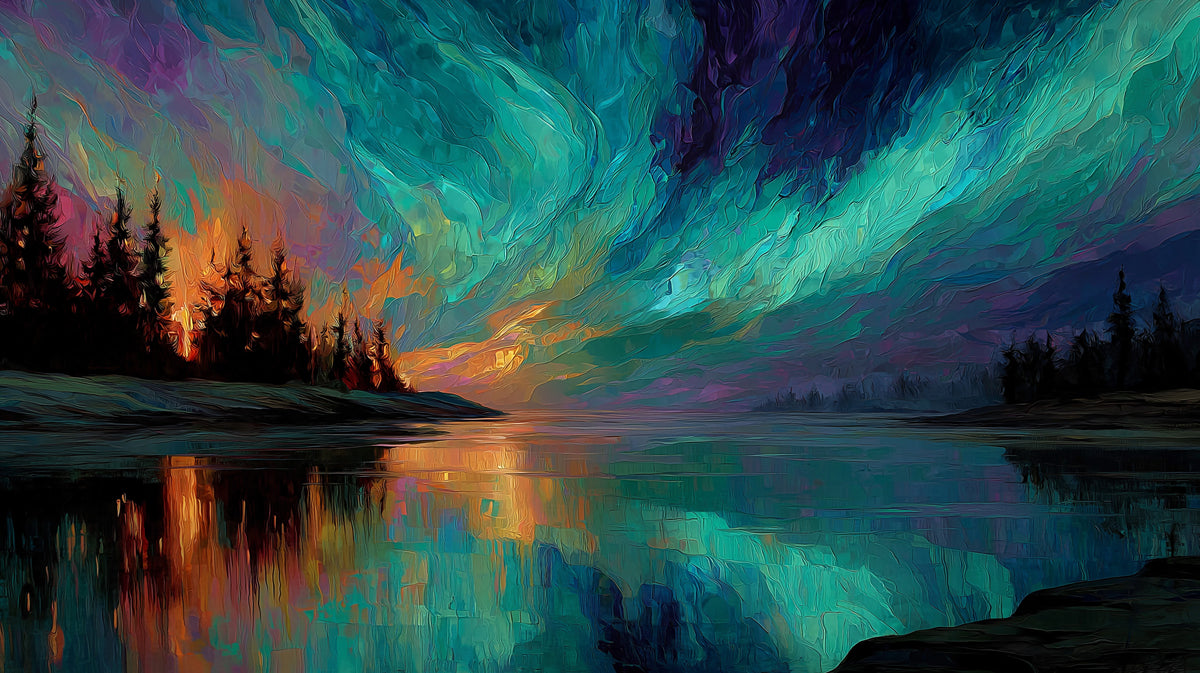 Oil painting style aurora borealis mural with teal, blue, and amber hues over a reflecting lake.