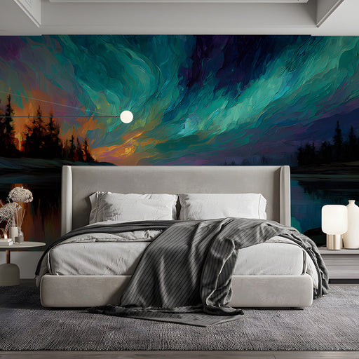Dramatic dark bedroom featuring a northern lights wall mural behind a king bed.