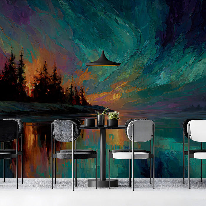 Moody bar with an artistic night sky mural wall and charcoal furniture.