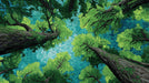 Van Gogh style forest canopy mural with swirling blue sky and green trees