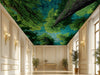 Modern roof featuring a swirling tree canopy mural behind a low bed
