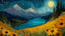Van Gogh style landscape mural with sunflowers, blue mountain lake, and a swirling starry night sky