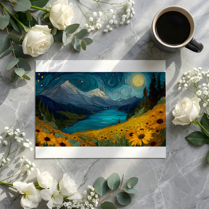 Artistic mountain and floral mural as a creative backdrop in a home office with wooden desk