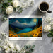 Artistic mountain and floral mural as a creative backdrop in a home office with wooden desk