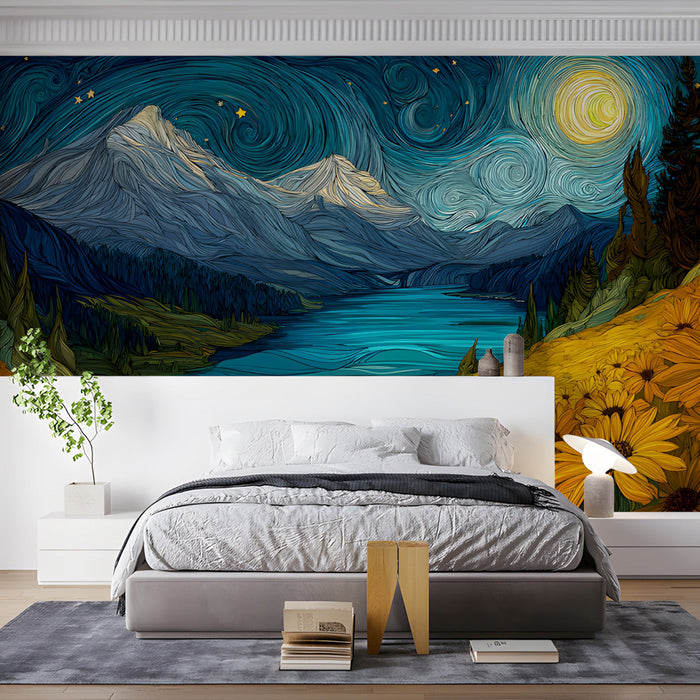 Painterly night sky mural decorating a quiet bedroom with a velvet armchair