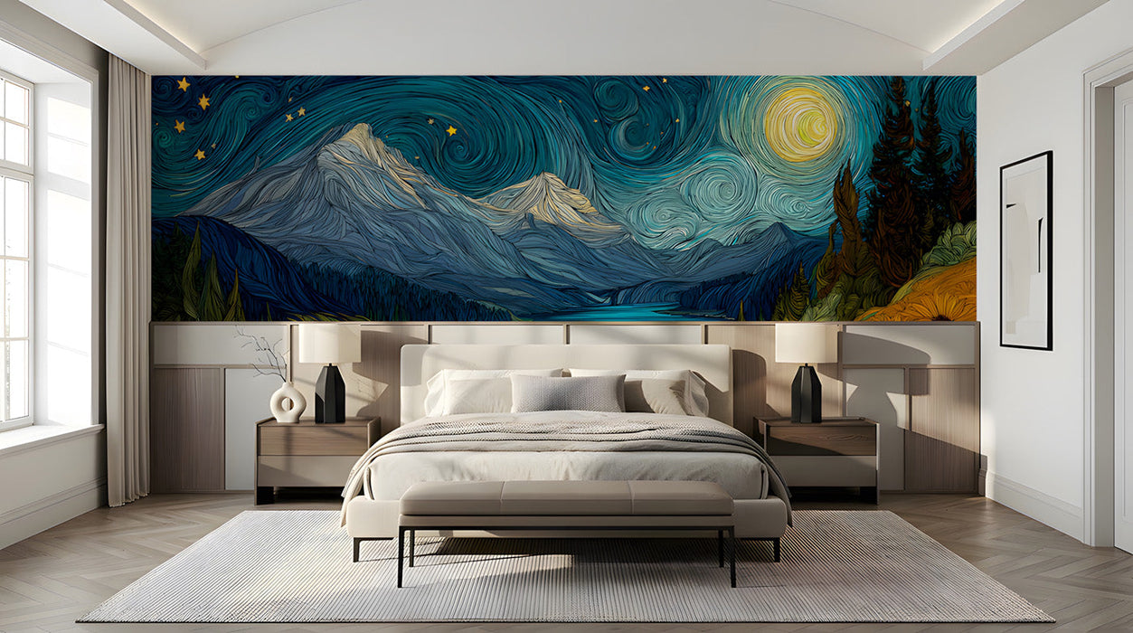 Starry sunflower landscape mural installed on the main wall of a cozy modern bedroom