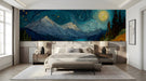 Starry sunflower landscape mural installed on the main wall of a cozy modern bedroom