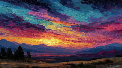 Impressionist style oil painting wallpaper of a vibrant mountain sunset with thick brushstrokes in purple, orange, and blue.