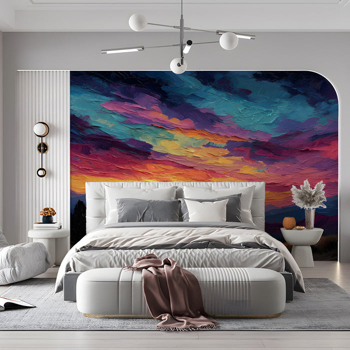Artistic bedroom showcasing a textured mountain sunset mural as a creative backdrop.