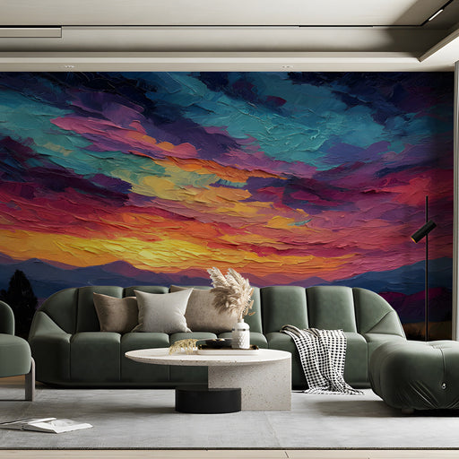 Moody living room featuring a vibrant oil painting landscape mural behind a velvet sofa.
