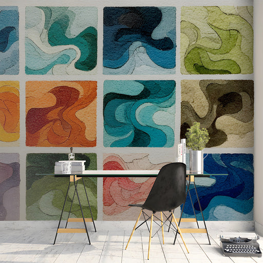 Modern study interior with colorful mosaic swirl mural on the main wall