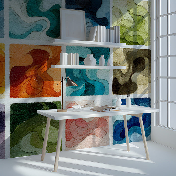 Bright home office featuring an abstract watercolor wave wall mural