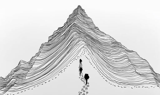 Minimalist black line art wallpaper featuring a mountain landscape with trekking figures.
