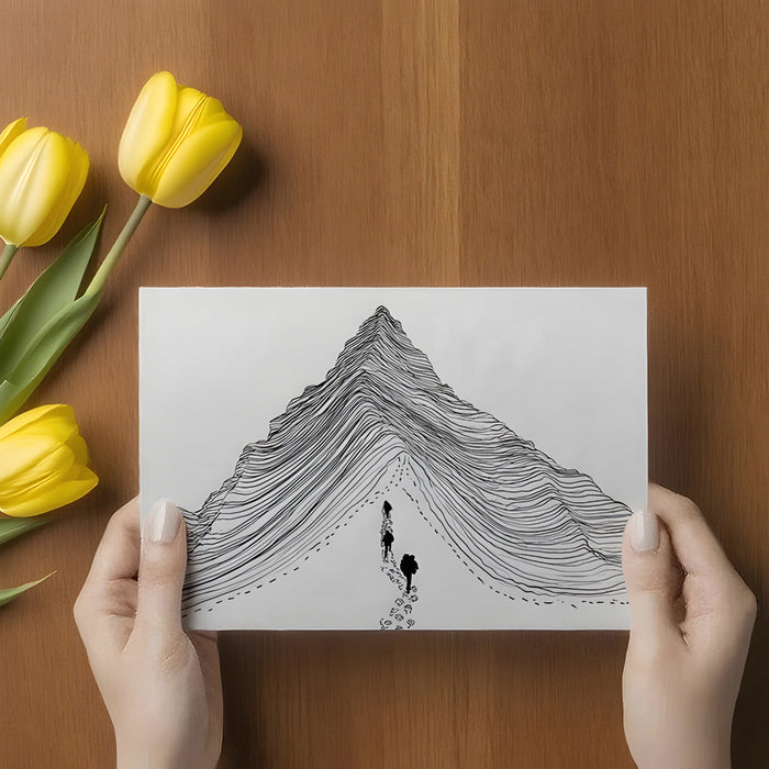 A minimalist bedroom wall behind a bed showcasing a topographic mountain design.