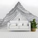 A bright hallway decorated with a sophisticated black ink mountain range wallpaper.