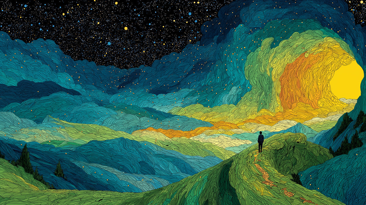 A dreamscape mural with swirling teal and lime landscapes and a glowing ochre portal.