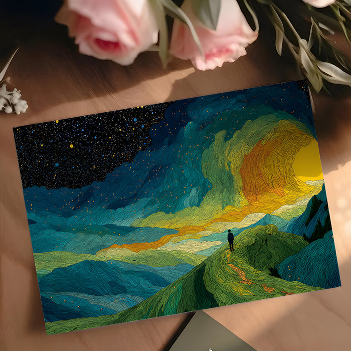 The surreal forest and star mural used as a headboard wall in a moody, modern bedroom.
