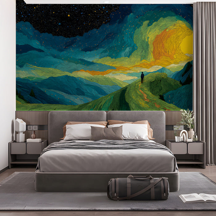 A vibrant mural featuring a light-filled tunnel shown in a cozy reading room with plush seating.