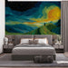 A vibrant mural featuring a light-filled tunnel shown in a cozy reading room with plush seating.
