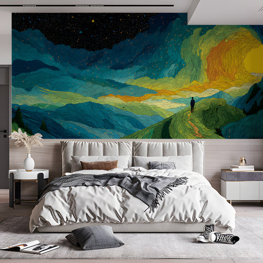A whimsical celestial mural installed as an accent wall behind a dark wood desk in a bedroom.