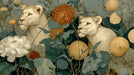 Two illustrated lionesses surrounded by large ochre yellow chrysanthemums and dark slate blue foliage in a botanical art style