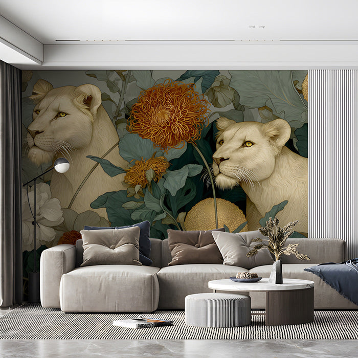 Sophisticated home study with a nature-inspired lioness and chrysanthemum mural as a floor to ceiling feature