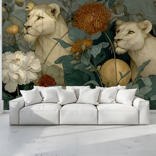 Commercial space interior featuring a lioness and flower mural on a large accent wall behind a velvet sofa