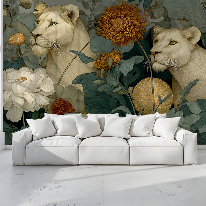 Commercial space interior featuring a lioness and flower mural on a large accent wall behind a velvet sofa