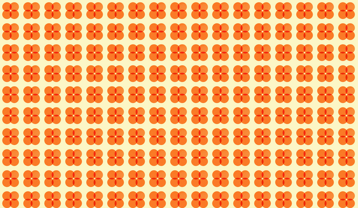 A geometric wallpaper pattern featuring rows of orange four-leaf flower shapes on a cream background.
