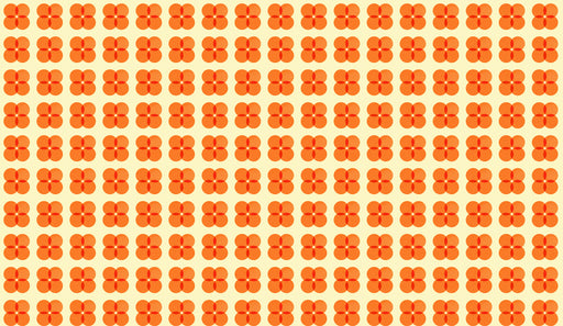 A geometric wallpaper pattern featuring rows of orange four-leaf flower shapes on a cream background.