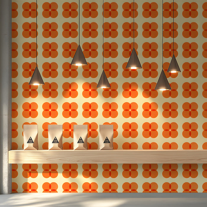 A bright mid-century modern shop featuring orange geometric wallpaper.