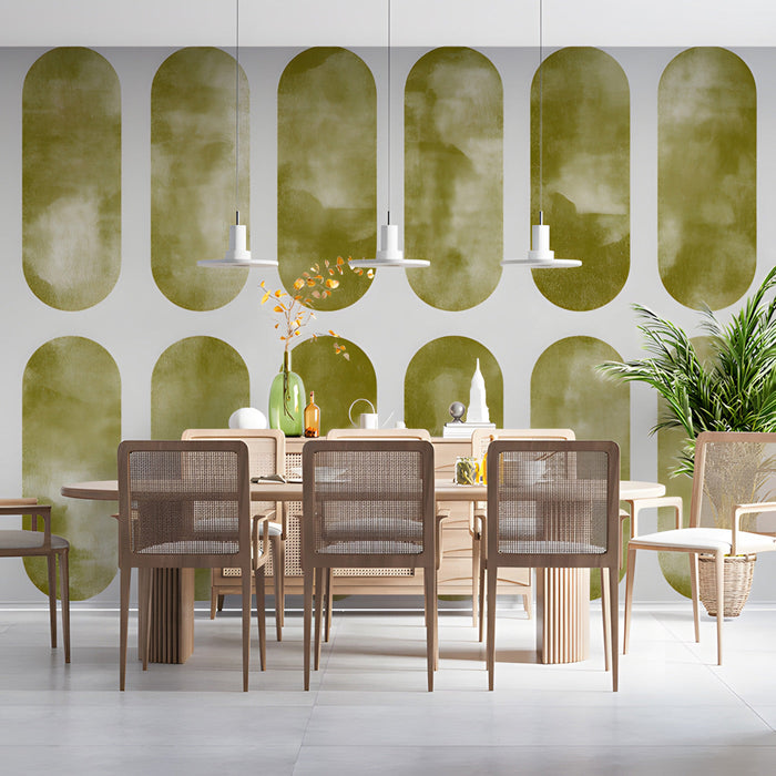 Sophisticated entryway wall decorated with a soft olive geometric mural pattern
