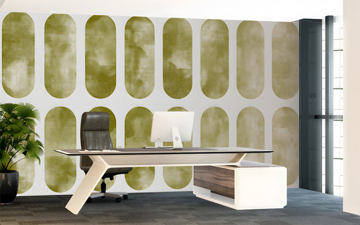 Retro olive capsule wallpaper in a modern home office with a dark wood desk