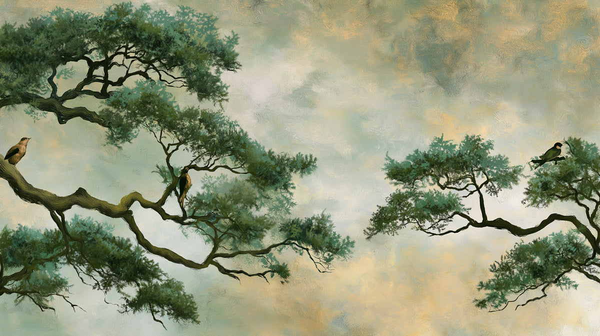 Impressionistic mural wallpaper with pine branches, perched birds, and a soft ochre and green sky.