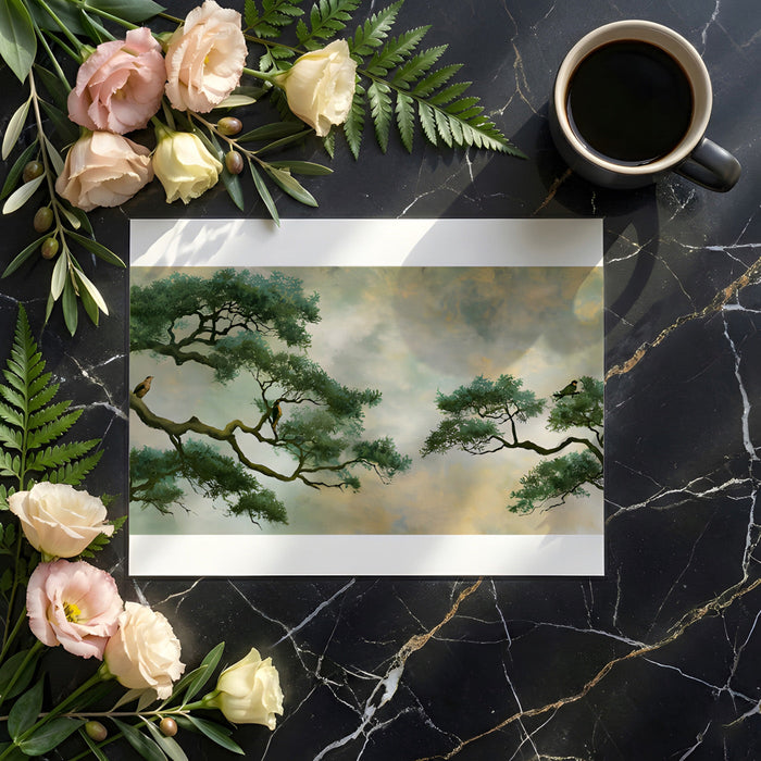 Living room interior featuring an impressionistic bird and forest branch mural.