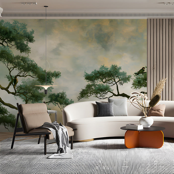 A living room with a nature-inspired pine mural for a calm and creative environment.