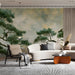 A living room with a nature-inspired pine mural for a calm and creative environment.