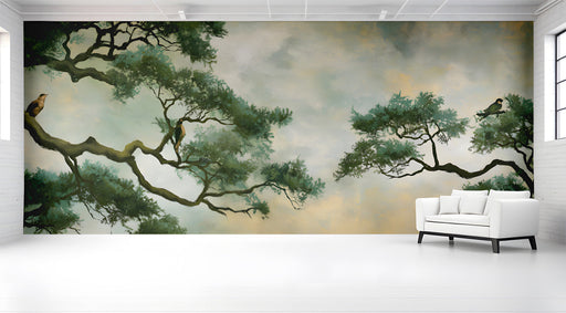 Hallway wall decorated with a peaceful pine branch mural and wooden furniture.