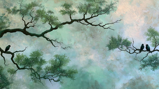 A painterly wall mural featuring dark tree branches and small birds against a soft, textured sky of sage, mint, and cream.