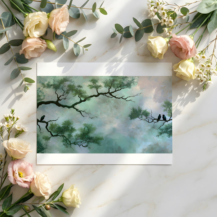 A cozy library room featuring the impressionistic bird and tree mural on the main accent wall.