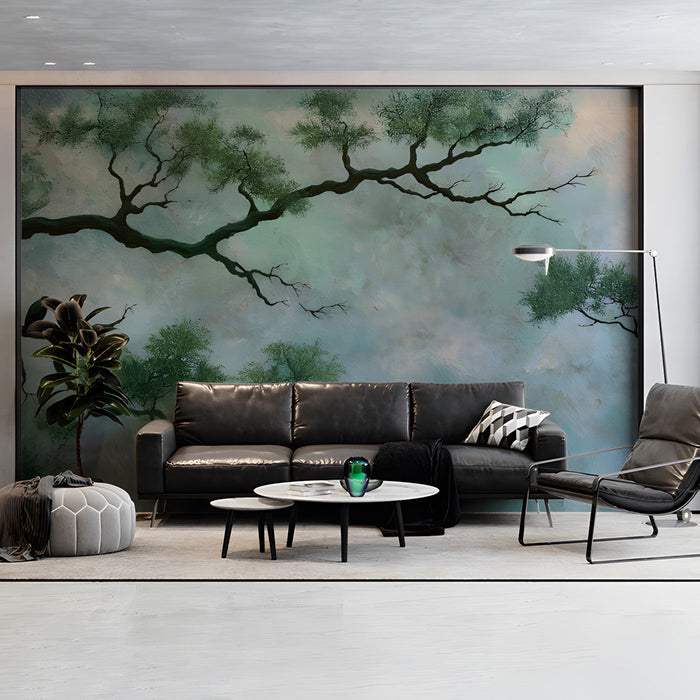 An elegant living room wall covered in the soft green and blue painterly nature mural.