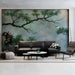 An elegant living room wall covered in the soft green and blue painterly nature mural.