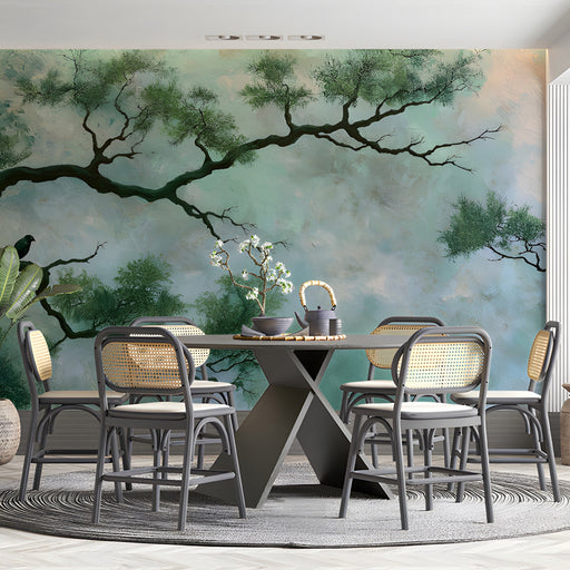 The wallpaper mural installed in a primary office above a neutral tufted headboard.