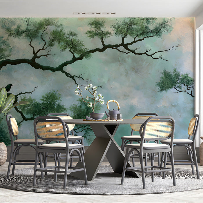 The wallpaper mural installed in a primary office above a neutral tufted headboard.