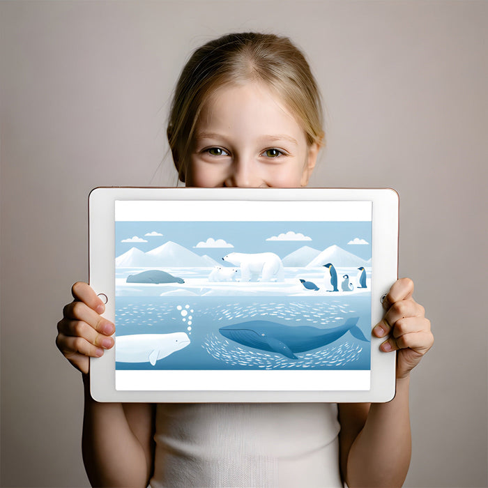 Blue ocean and polar wildlife wall mural in a child's bedroom with soft lighting