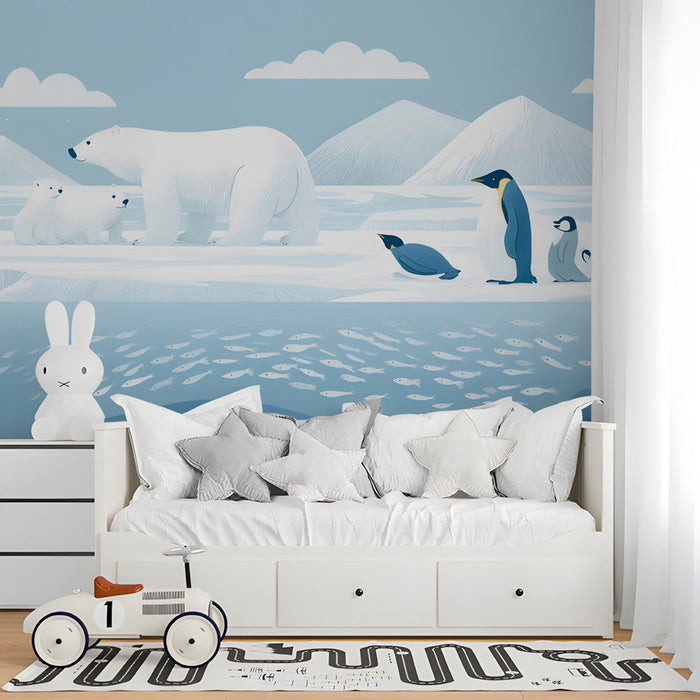 Illustrated arctic animal mural installed in a playful and cozy playroom